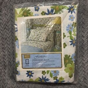 Vintage Sears Fantasia Perma Prest Muslin Twin Flat Sheet NOS Blue Green Floral